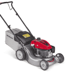 A Honda Izy HRG466 PK lawn mower in red grey and black on a white background.