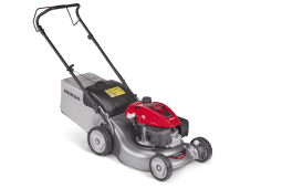 A Honda Izy HRG466 PK lawn mower in red grey and black on a white background.