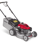A Honda Izy HRG466 PK lawn mower in red grey and black on a white background.