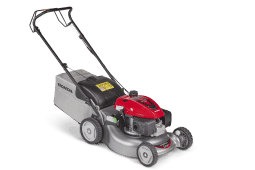 A Honda Izy HRG466 PK lawn mower in red grey and black on a white background.