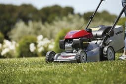 HRG 466 SK petrol lawn mower in action cutting a well maintained green lawn