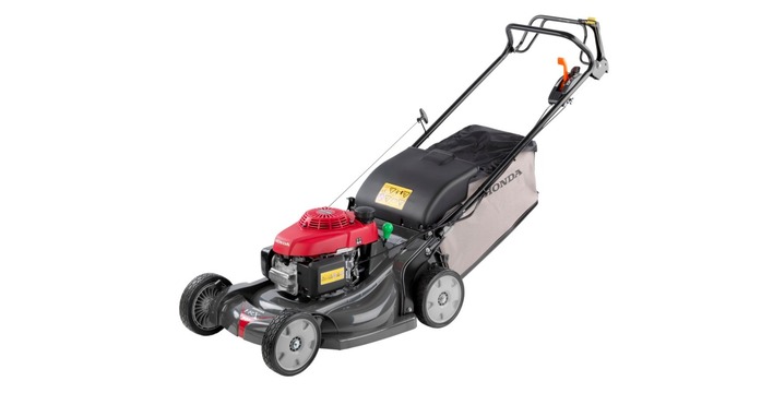 A Honda Petrol Lawn mower in red and black on a white background.