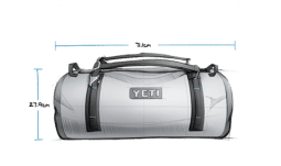 A sketch of a YETI Panga 75 Duffel Bag with dimensions showing the bag to be 71.1cm by 27.9 cm