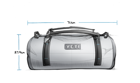 A sketch of a YETI Panga 75 Duffel Bag with dimensions showing the bag to be 71.1cm by 27.9 cm
