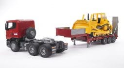 Bruder Scania R-Series truck with low loader trailer and CAT bulldozer