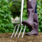 Digging fork close up being used on soil with plants in the background