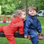 Kids waterproof overalls in red and navy