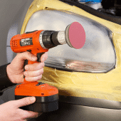 Autoglym Headlight Restoration Kit being used with a drill on headlight