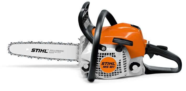 A Stihl MS181 Petrol Chainsaw in orange grey and black on a white background.