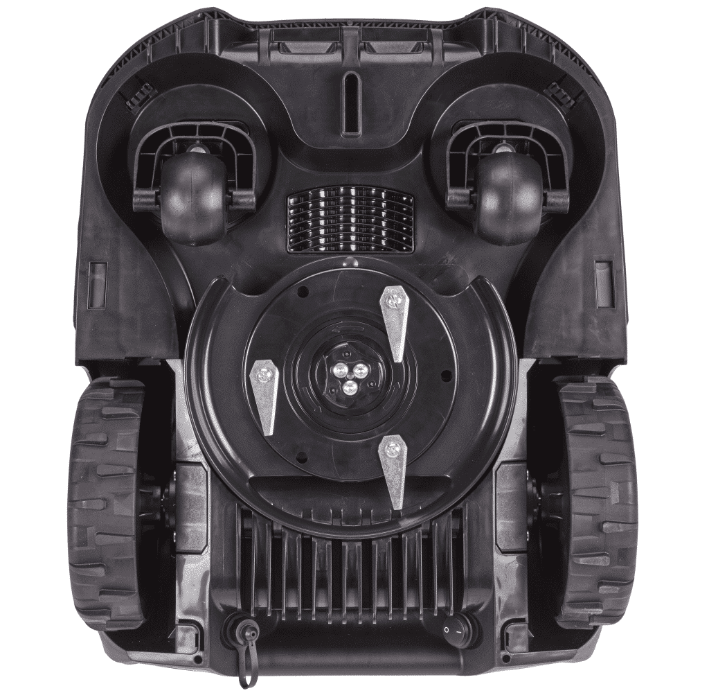 The black underside of a Honda Miimo 70 Live Robotic Lawnmower showing blades and wheels.