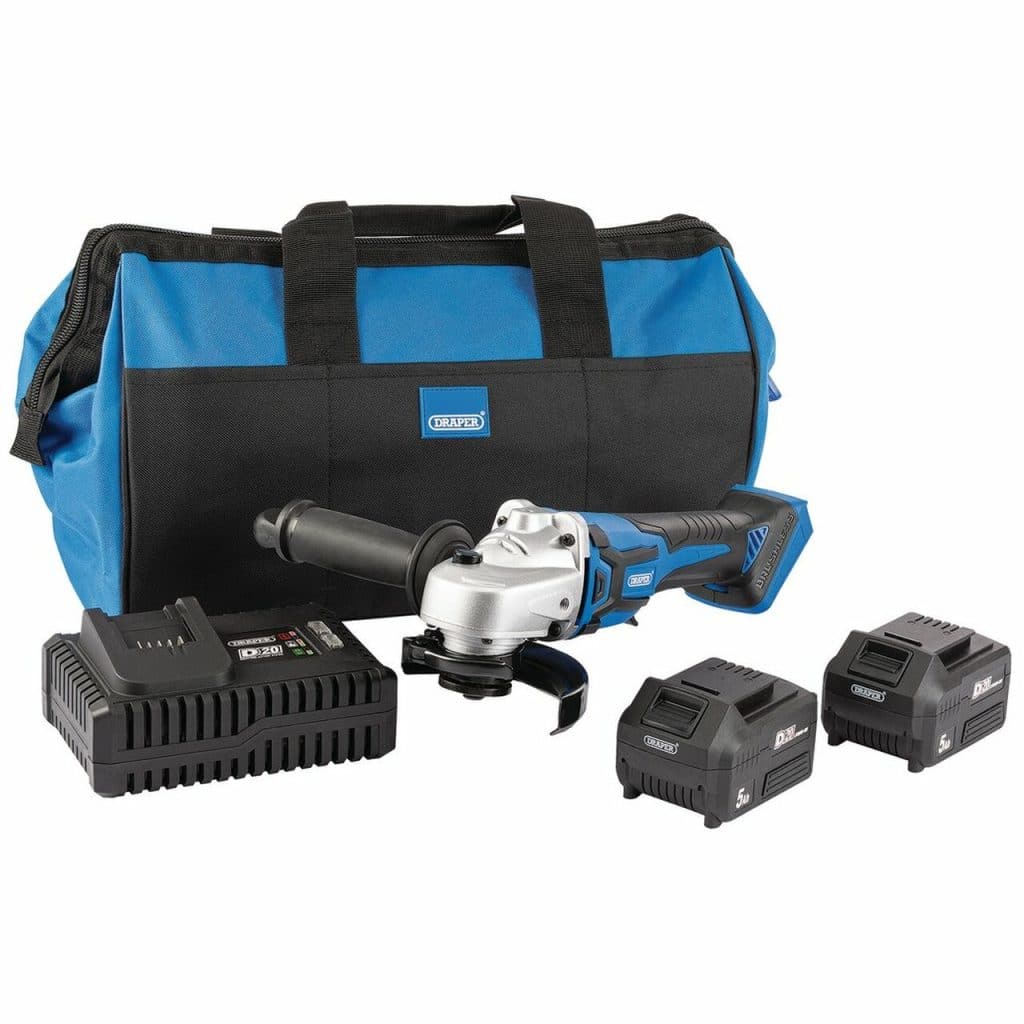 DRAPER D20 20V Brushless Angle Grinder, 115mm, 2 x 5.0Ah Batteries, 1 x Fast Charger, 1 x Bag