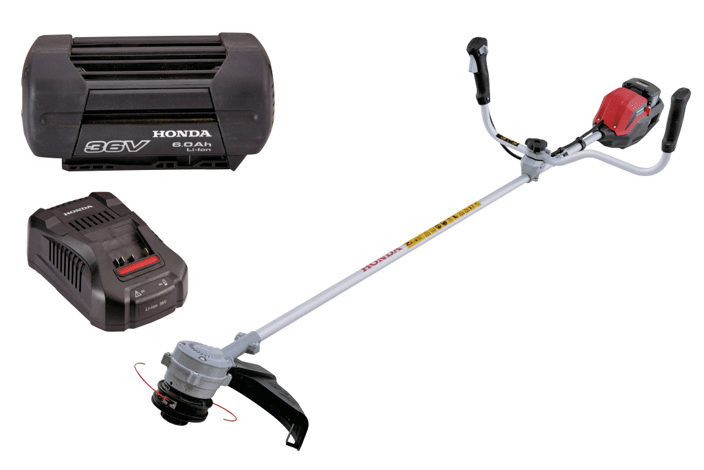 A Honda cordless brushcutter with black battery and charger