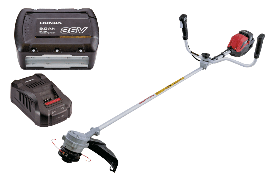 A Honda cordless brushcutter with black battery and charger