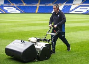 Allett Buffalo mower being used at Birmingham football club grounds