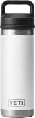 White Yeti Rambler 18oz bottle with black hotshot cap on white background