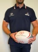 Massey Ferguson Rugby World Cup 2023 polo shirt and rugby ball.