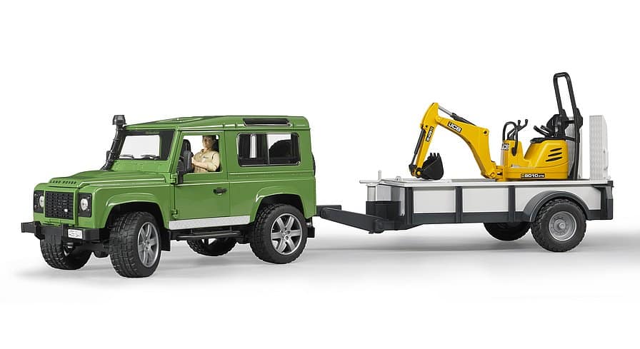 Land Rover Defender with Trailer and JCB scale model by Bruder