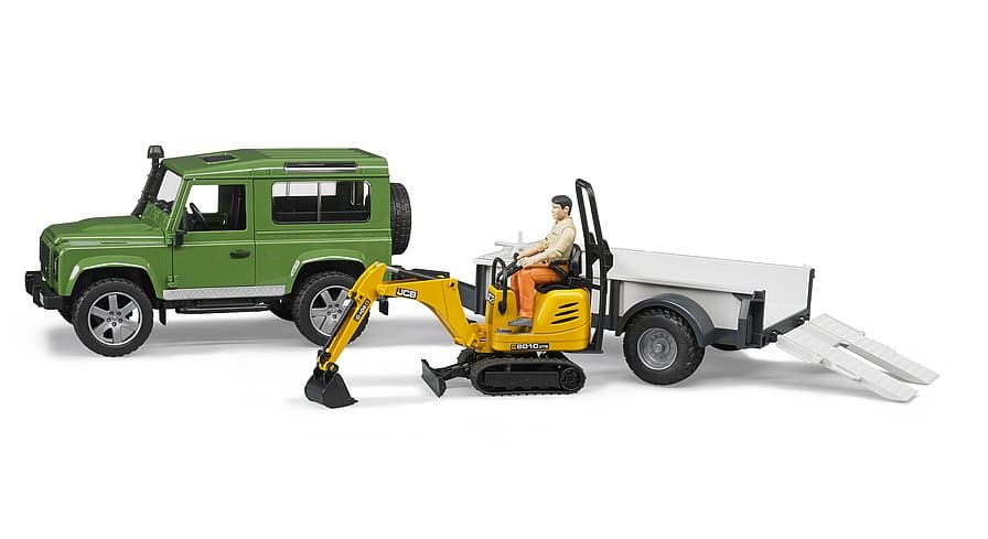 Bruder Land Rover Defender with Trailer and JCB scale model