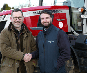 Farmer, Daniel Scott with TNS Area Sales Manager, Tony Meads and the new Massey Ferguson 7S.180