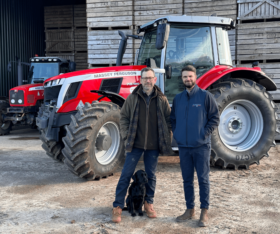 Cambridgeshire farmer Daniel (left) with TNS Area Sales Manager, Tony Meads and Daniel’s dog, Ruby