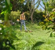 Stihl FSA80 Cordless Brushcutter working in a garden