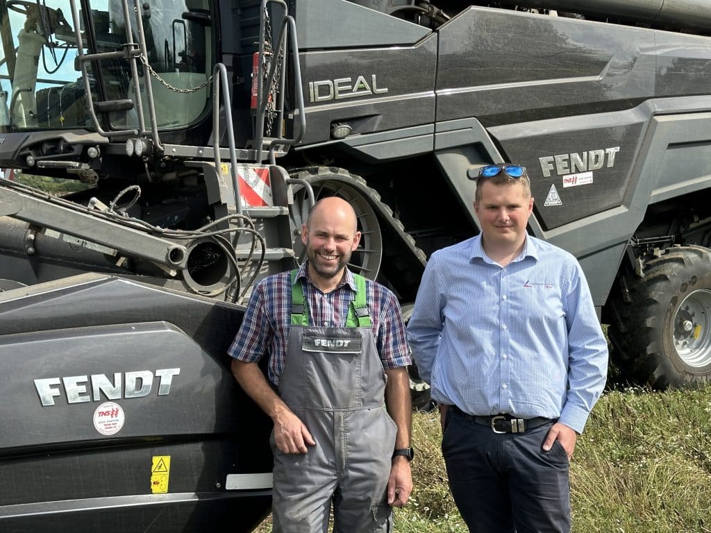 Farm Manager and Fendt Ideal 7T operator Leigh Nobes (left) with Thurlow Nunn Standen Area Sales Manager, Josh Taylor
