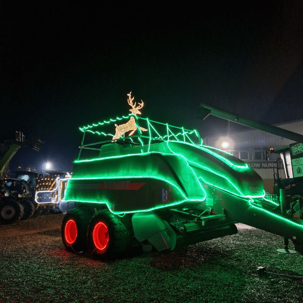 Fendt baler decorated with Christmas lights