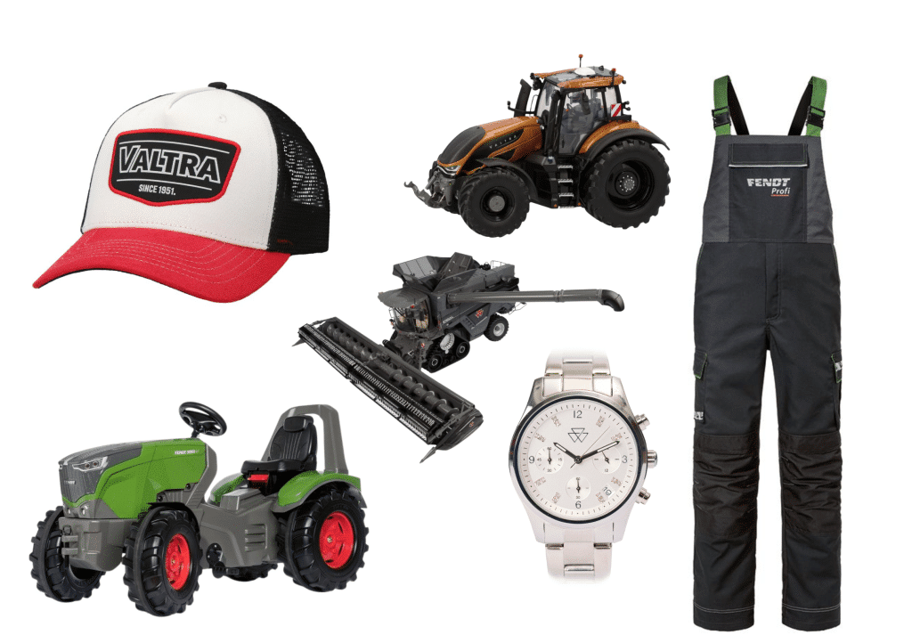 Official AGCO merchandise at TNS, including Fendt, Valtra and MF