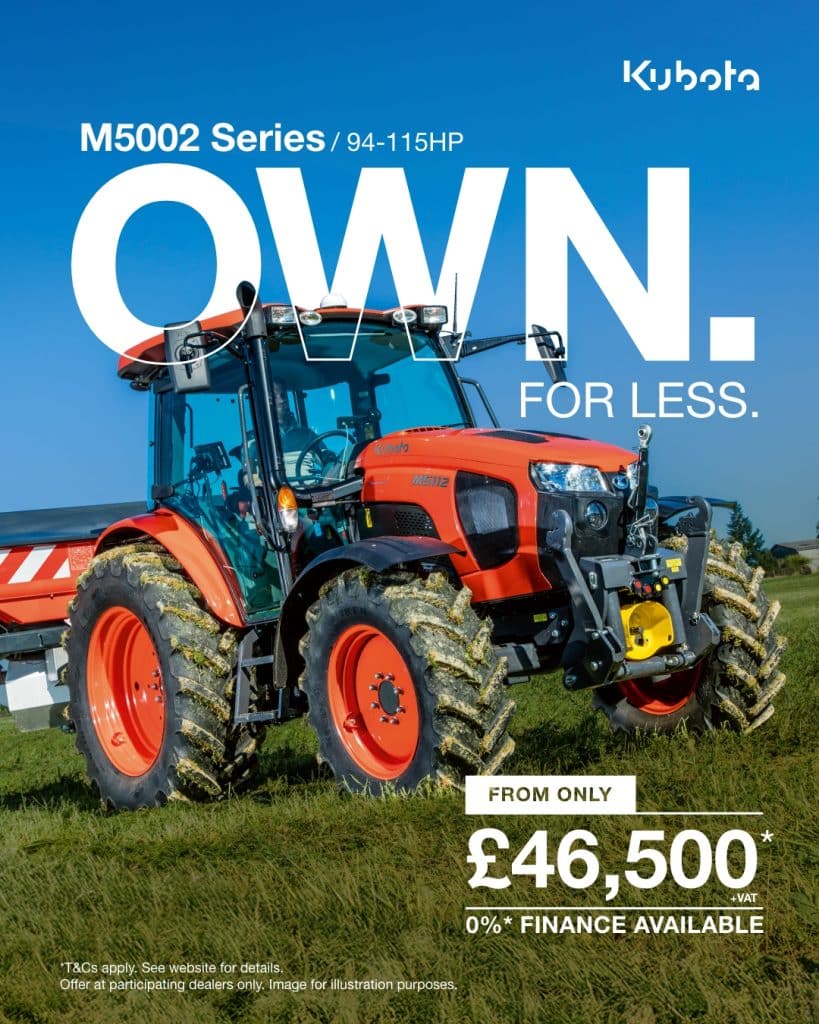 Upgrade to the Kubota M5002 from just £46,500. 0% finance available