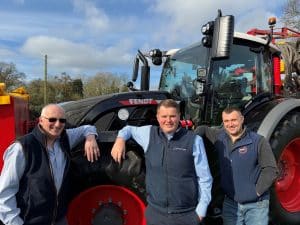 Richard Fish says that knowing he can depend on friendly and efficient back-up from the TNS Attleborough and Fakenham teams is one of the main reasons he runs a fleet of Fendt and Massey Ferguson tractors. Pictured (l-r) Richard Fish, TNS Area Sales Manager, Josh Taylor and Fendt 724 Vario operator, Ben Dunning.
